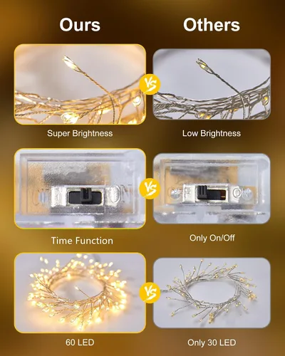 Vista 6 de Guirnalda de luces a pilas - Guirnalda de luces impermeable con cable plateado de 5 pies y 60 LED, para coronas, bodas, dormitorio, frascos