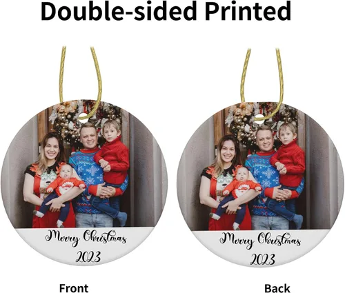 Vista 3 de Adorno de Navidad personalizado con foto 2023, decoración de árbol de Navidad de cerámica personalizada con cualquier imagen/texto, adorno de Círculo