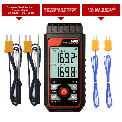 Vista 8 de Termómetro de termopar digital de doble canal tipo K/J -328 ~ 2501℉ Medidor de temperatura HVAC con 4 sondas de termopar tipo k, alarma