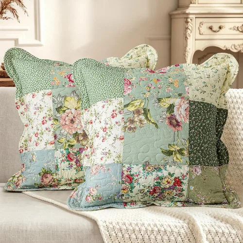 Vista 13 de vctops Juego de 2 fundas de cojines decorativos cuadradas de algodón acolchado bordado con volantes de diseño floral suave para sillón, sofá, cama