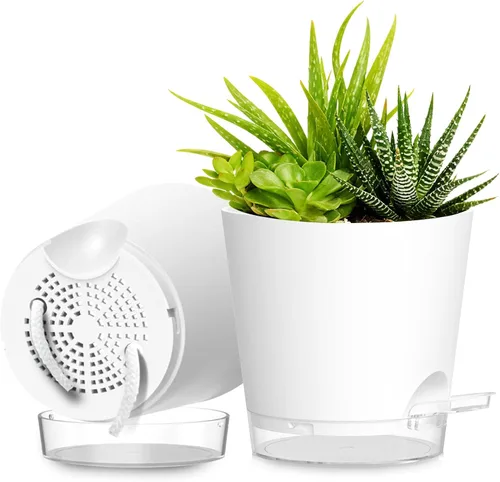 Vista 13 de Macetas de riego automático de 4 pulgadas, paquete de 6 macetas de plástico con agujeros de drenaje y platillos transparentes, macetas de plástico