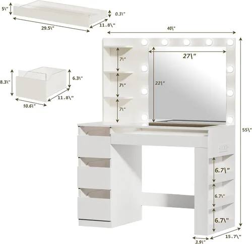 Vista 13 de Escritorio de tocador con espejo iluminado y parte superior transparente, escritorio de tocador de maquillaje con 4 cajones transparentes e