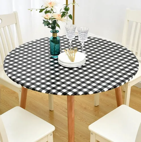 Vista 23 de Rally Home Goods Mantel redondo de vinilo ajustable para interiores y exteriores, respaldo de franela, borde elástico, funda de plástico impermeable