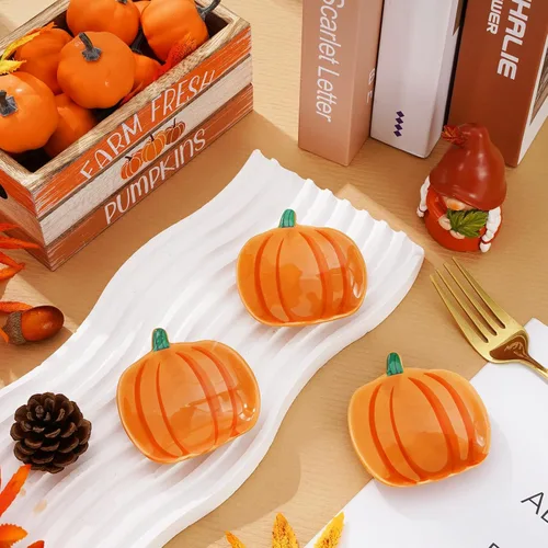 Vista 3 de Whaline 4 piezas de soporte para cucharas de cerámica de calabaza, platos de salsa de calabaza Shpaed, plato de café de Acción de Gracias, plato