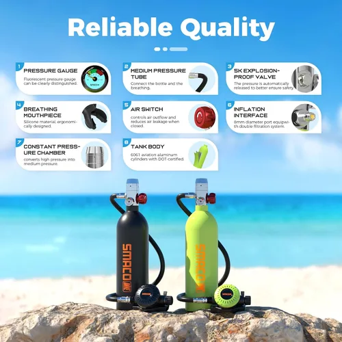 Vista 3 de SMACO Mini tanque de buceo 1L tanque de buceo portátil reutilizable buceo kit de cilindro de oxígeno para snorkel y rescate de emergencia S400