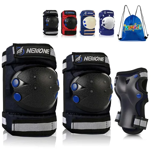 Vista 8 de NEMONE Rodilleras para niños, coderas, coderas, muñequeras con bolsa de cordón, juego de equipo de protección reflectante ajustable para patinetes