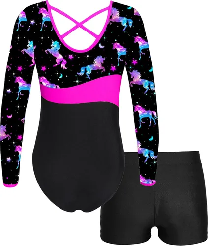 Vista 2 de Choomomo Conjunto de leotardo de manga larga con pantalones cortos para gimnasia baile de ballet