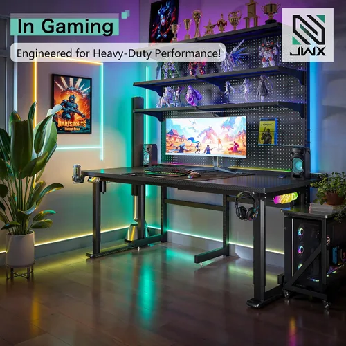 Vista 4 de JWX - Escritorio de pie de 4 patas con motor doble, diseño de gestión de cables abatible con luz LED acrílica