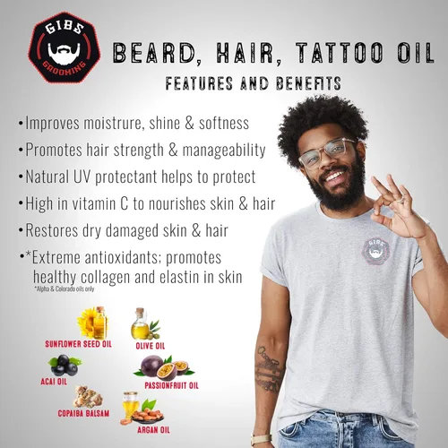 Vista 2 de GIBS Grooming - Beard, Hair & Tattoo Oil (1 fl oz) Collectible Glass Bottle - Softens & Strengthens - Skin Moisturizer - Vitamin C - UV Shield