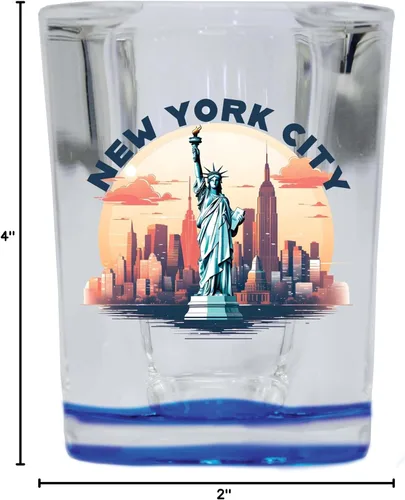 Vista 3 de New York City A Souvenir - Vaso de chupito cuadrado de 2.5 onzas, base azul, paquete de 2