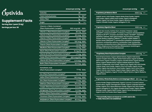 Vista 4 de OPTIVIDA Paquetes de polvo de frutas y verduras (30 días) - Más de 50 superalimentos en polvo de jugo verde y suplementos de verduras