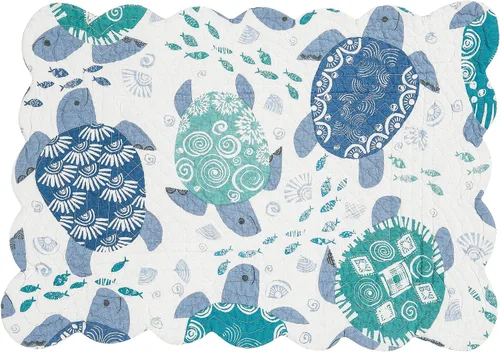 Vista 3 de C&F Home Turtle Bay - Juego de 6 manteles individuales rectangulares acolchados reversibles, color blanco, azul, verde azulado, playa, costero