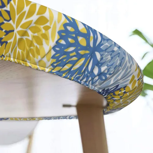 Vista 5 de Fiokroo Mantel de Flores de Crisantemo Azul, Amarillo y Azul Marino con Borde Elástico, Mantel Redondo Lavable y Reutilizable Cubierta de Mesa