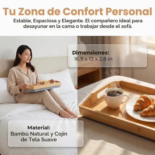 Vista 5 de Cedilis Bandeja de regazo de bambú con almohada desmontable, bandeja de servir de 16.9 x 13 pulgadas con asas para comer en la cama