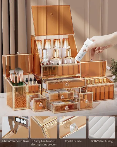 Vista 5 de Youdepot Organizador de maquillaje extra grande, almacenamiento de cosméticos de vidrio con cajones, organizador apilable de maquillaje y joyas