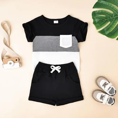 Vista 19 de Ropa para bebé niño pequeño, trajes de verano de manga corta, camiseta de retazos y pantalón con bolsillo, conjunto de 2 piezas, 12 meses a 4 años