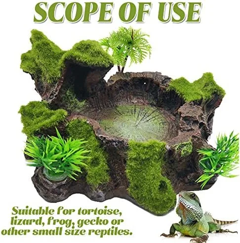 Vista 5 de TIHOOD Decoración de tanque de reptiles de plástico, plataforma de reptil, diseño de tronco de árbol artificial, plato de comida para reptiles