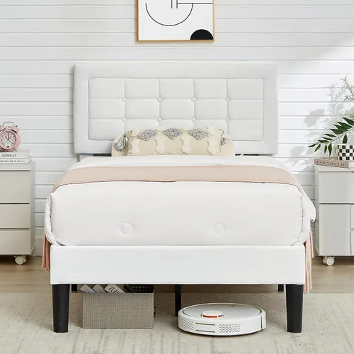 Vista 24 de VECELO Base de cama tamaño matrimonial, cabecera tapizada ajustable con botones, marco de cama resistente con soporte de listones de madera,