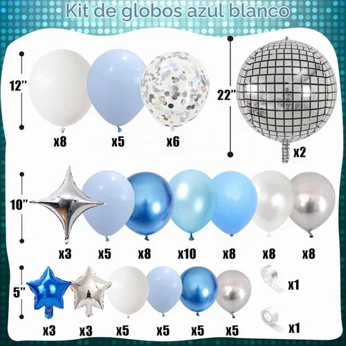 Vista 2 de Kit de arco de globos azules, guirnalda de globos azules y blancos con globos de bola de discoteca de 22 pulgadas, globos metálicos de papel de Azul