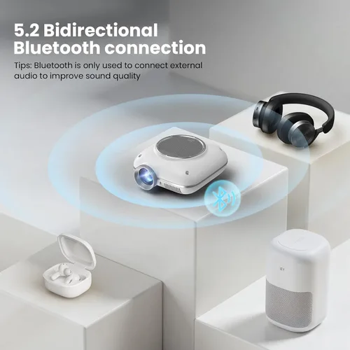 Vista 4 de HOMPOW Mini proyector con Bluetooth bidireccional, proyector portátil para uso de cine en casa, compatible con 1080P para proyector al aire Blanco