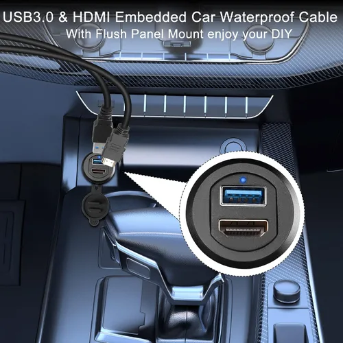 Vista 5 de QIANRENON USB3.0 y HDMI - Cable impermeable para automóvil, USB3.0+HDMI 1.4 roscado, cable de extensión de datos de montaje fijo, luz LED, carcasa