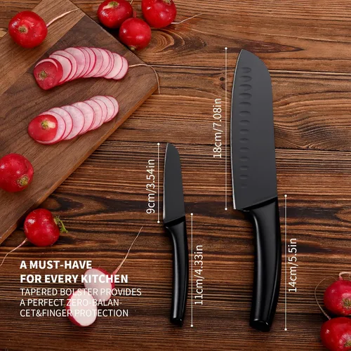 Vista 6 de SHI BA ZI ZUO Juego de cuchillos de cocina de 2 piezas, cuchillo Santoku y cuchillo de pelar, cuchillo de chef japonés con revestimiento de Ti
