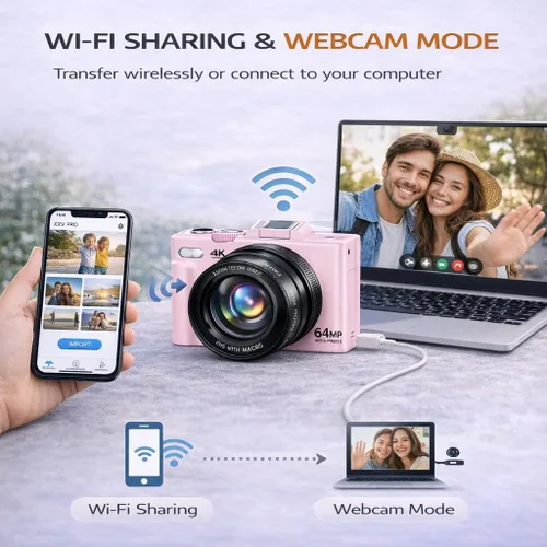 Vista 7 de Cámara digital 4K 64MP Vlogger Essentials Kit con trípode flexible, funda de transporte, lente gran angular, pantalla abatible de 180°, WiFi, zoom