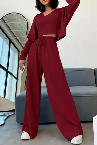 Vista 5 de PRETTYGARDEN Trajes de 3 piezas para mujer, conjuntos a juego, cárdigan de punto acanalado, camisetas sin mangas, pantalones de pierna ancha