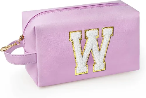 Vista 20 de Bolsa de maquillaje personalizada con inicial con asa, bolsa de cosméticos de preparación con bolsillo interior con cremallera, 8, 9, 10, 11, 12 Rosa