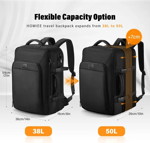 Vista 2 de HOMIEE Mochila de viaje de 22 x 14 x 9 aprobada por aerolíneas de 50 L, mochila de viaje extragrande expandible para laptop, color negro