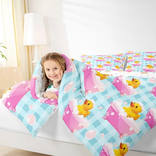 Vista 6 de Erosebridal Juego de ropa de cama a cuadros azul para niños, juego de cama individual con diseño de patos amarillos de dibujos animados, juego