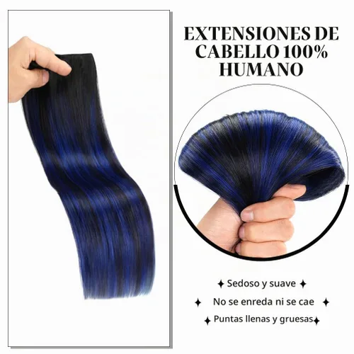 Vista 3 de Winsky - Extensiones de cabello humano real Remy - Una pieza azul balayage, extensiones de cabello con clip, 70 gramos para mujer