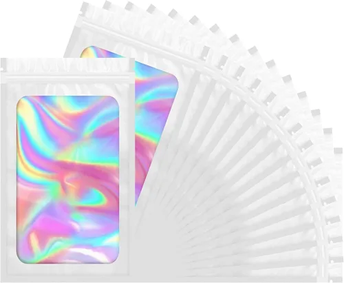 Vista 10 de 100 bolsas holográficas de tereftalato de polietileno, bolsas transparentes resellables, bolsa a prueba de olores, bolsa para pulseras, decoraciones