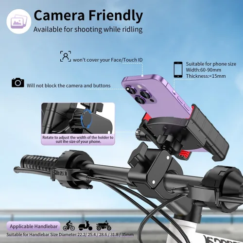 Vista 2 de Soporte de teléfono para bicicleta, soporte de teléfono para motocicleta, apto para cámara, abrazadera de manillar resistente para bicicleta