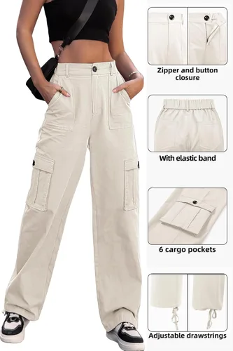 Vista 4 de ZMPSIISA Pantalones cargo de cintura alta para mujer, pantalones casuales de pierna ancha, 6 bolsillos, pantalones militares de combate