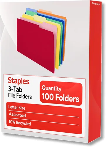 Vista 7 de Staples Carpetas de archivos de colores, tamaño carta, diseño de pestaña superior de 3 pestañas, papel duradero de 10.5 puntos, paquete de 100