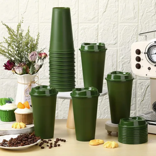 Vista 3 de Domensi - Paquete de 15 tazas de café reutilizables con tapas, 15 unidades Verde militar