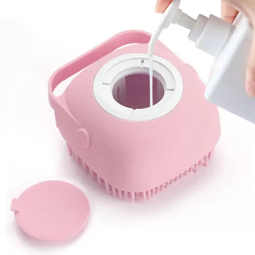 Vista 8 de Cepillo de masaje de baño para aseo de mascotas con dispensador de jabón y champú, cerdas de silicona suave para perros de pelo corto y largo y Azul