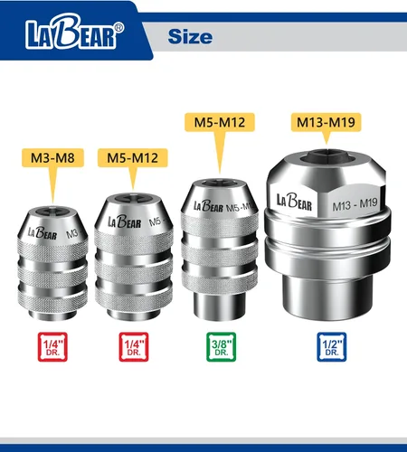Vista 4 de LABEAR Adaptador de portabrocas intercambiable ajustable DR x M13–M19 de 1/2" – Juego de roscas de servicio pesado para roscado manual Securely