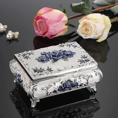 Vista 2 de Vintage Jewellery Box,Jewelry Treasure Box,Vintage Metal Small Jewelry Box Trinket Box with Red Flower Pattern, Retro Trinket Storage Box Jewelry