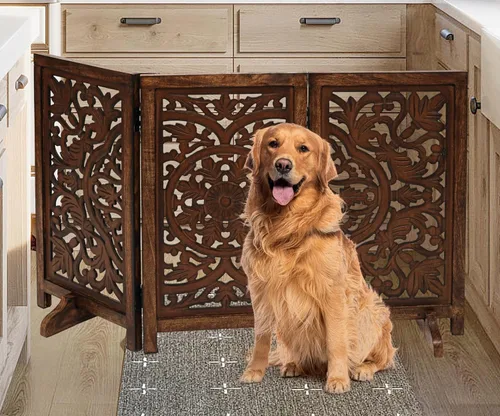 Vista 2 de Puerta independiente para mascotas para perros, puerta plegable de madera para perros para casa, puerta interior para perros para escaleras