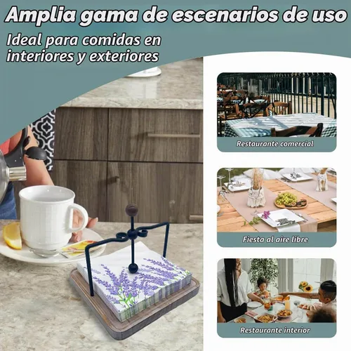 Vista 7 de Servilletero de madera rústica para mesa, decoración de mesa de cocina de granja, servilletero plano con brazo y asa con peso para el hogar, cocina