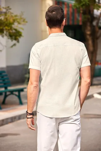 Vista 3 de COOFANDY Camisa de playa con cuello de banda para hombre, camisas de manga corta con botones casuales de lino y algodón