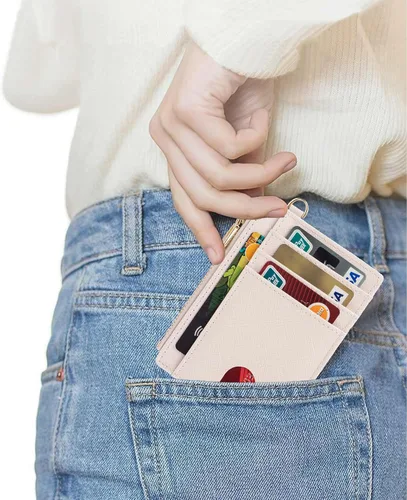 Vista 4 de Suweibuke - Billetera delgada de bolsillo, con bloqueo RFID, tarjetero para tarjetas de crédito, mosquetón en D, ventana para identificación