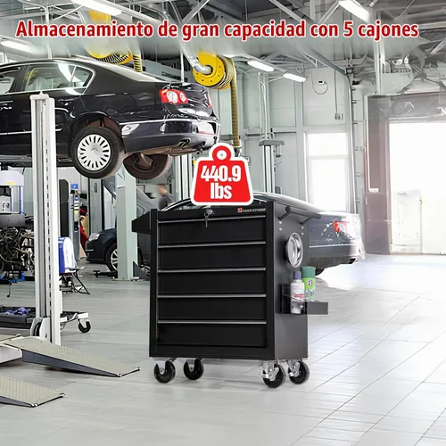 Vista 6 de Caja de herramientas con ruedas y cajones de almacenamiento de acero de alta resistencia de 5 cajones (TZ35-BK)