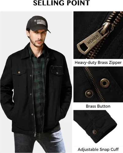 Vista 5 de WenVen Chaqueta de solapa militar de algodón de lona casual para hombre