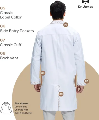 Vista 3 de Dr. James Abrigo de laboratorio unisex 100% algodón, abrigo médico blanco, ajuste clásico, 2 bolsillos en la cadera y 1 bolsillo en el pecho