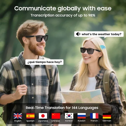 Vista 2 de Lentes de traductor AI, lentes de sol Bluetooth con más de 110 idiomas, lentes inteligentes inalámbricos alimentados por IA, interpretación