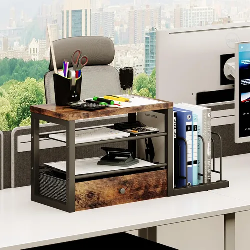 Vista 5 de Organizador de escritorio de madera Homeiju con cajones, organizador de archivos de escritorio con 3 soportes verticales, estante para archivos