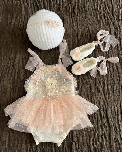Vista 4 de Zeroest Conjunto de Accesorios para Fotografía de Recién Nacidos, Juego de Vestido de Encaje para Niña, Traje para Sesión de Fotos de Bebé Niña